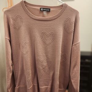 Cable & Gauge Dusty Rose Crewneck Sweater with Heart Motifs